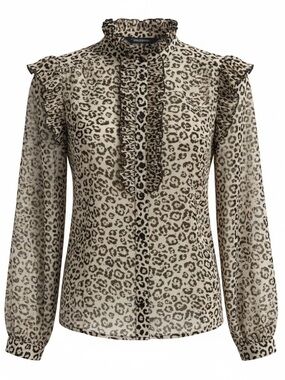 Zara Beige and Black Leopard Ruffle-Trim Sheer Blouse